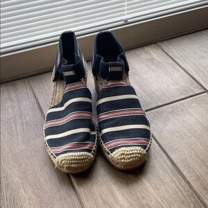 Tory Burch Navy and Red Striped Wedges